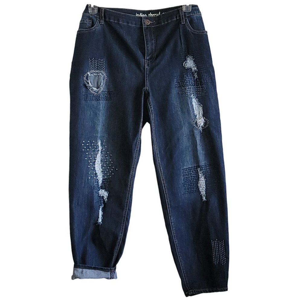 Indigo Thread Co. Stretch Denim Pick Stitched & Distressed Ankle Jeans
